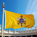 A grand Vatican City flag, featuring distinct vertical yellow and white halves, with the emblem of crossed gold and silver keys beneath an ornate triple crown prominently displayed in the white section. The flag is shown majestically flying against a clear, azure sky above Saint Peter's Square, conveying a sense of historical gravitas and spiritual authority. The scene is captured with professional photography, showcasing high resolution, natural lighting, and vibrant colors. safe for work, appropriate content, family-friendly, perfect proportions, professional quality.