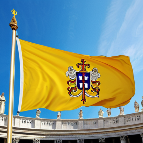 A grand Vatican City flag, featuring distinct vertical yellow and white halves, with the emblem of crossed gold and silver keys beneath an ornate triple crown prominently displayed in the white section. The flag is shown majestically flying against a clear, azure sky above Saint Peter's Square, conveying a sense of historical gravitas and spiritual authority. The scene is captured with professional photography, showcasing high resolution, natural lighting, and vibrant colors. safe for work, appropriate content, family-friendly, perfect proportions, professional quality.