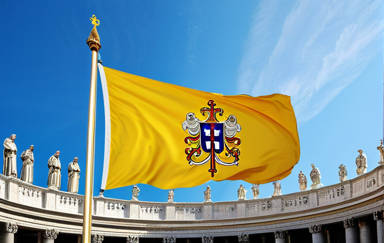 A grand Vatican City flag, featuring distinct vertical yellow and white halves, with the emblem of crossed gold and silver keys beneath an ornate triple crown prominently displayed in the white section. The flag is shown majestically flying against a clear, azure sky above Saint Peter's Square, conveying a sense of historical gravitas and spiritual authority. The scene is captured with professional photography, showcasing high resolution, natural lighting, and vibrant colors. safe for work, appropriate content, family-friendly, perfect proportions, professional quality.