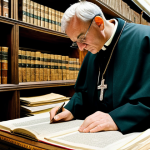 **

A well-lit, professional photograph of a historian, fully clothed in modest academic attire, carefully examining ancient documents in the Vatican Secret Archives. Shelves filled with aged manuscripts and scrolls surround them. Safe for work, appropriate content, perfect anatomy, natural proportions, professional.

**