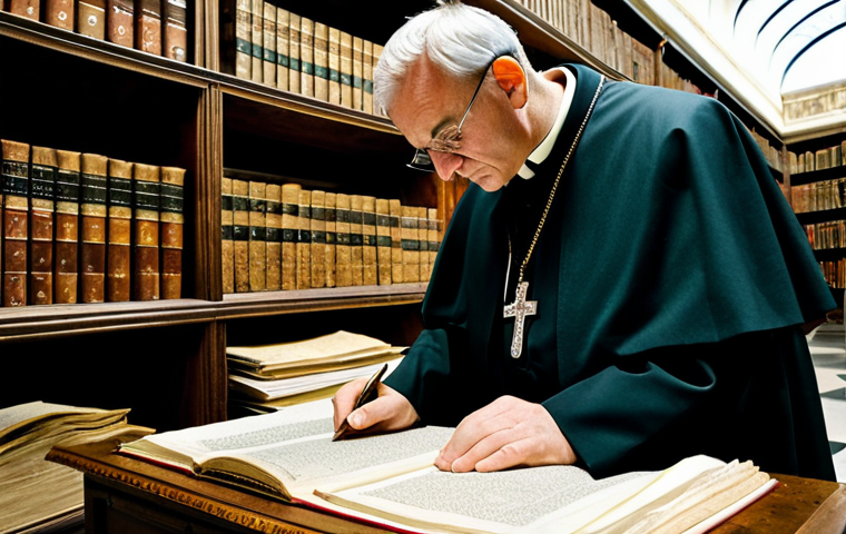**

A well-lit, professional photograph of a historian, fully clothed in modest academic attire, carefully examining ancient documents in the Vatican Secret Archives. Shelves filled with aged manuscripts and scrolls surround them. Safe for work, appropriate content, perfect anatomy, natural proportions, professional.

**