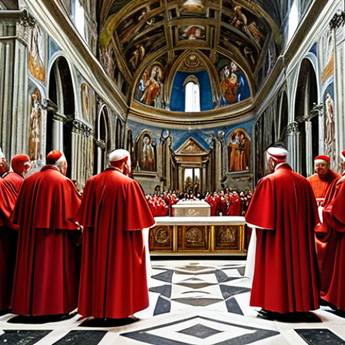 **

"Solemn assembly of Cardinals in the Sistine Chapel, preparing for the Papal election. Cardinals in modest red robes, deep in discussion, with Michelangelo's frescoes visible in the background, fully clothed, appropriate content, safe for work, perfect anatomy, correct proportions, professional, family-friendly, high quality."

**