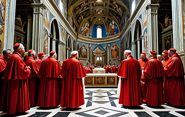 **

"Solemn assembly of Cardinals in the Sistine Chapel, preparing for the Papal election. Cardinals in modest red robes, deep in discussion, with Michelangelo's frescoes visible in the background, fully clothed, appropriate content, safe for work, perfect anatomy, correct proportions, professional, family-friendly, high quality."

**