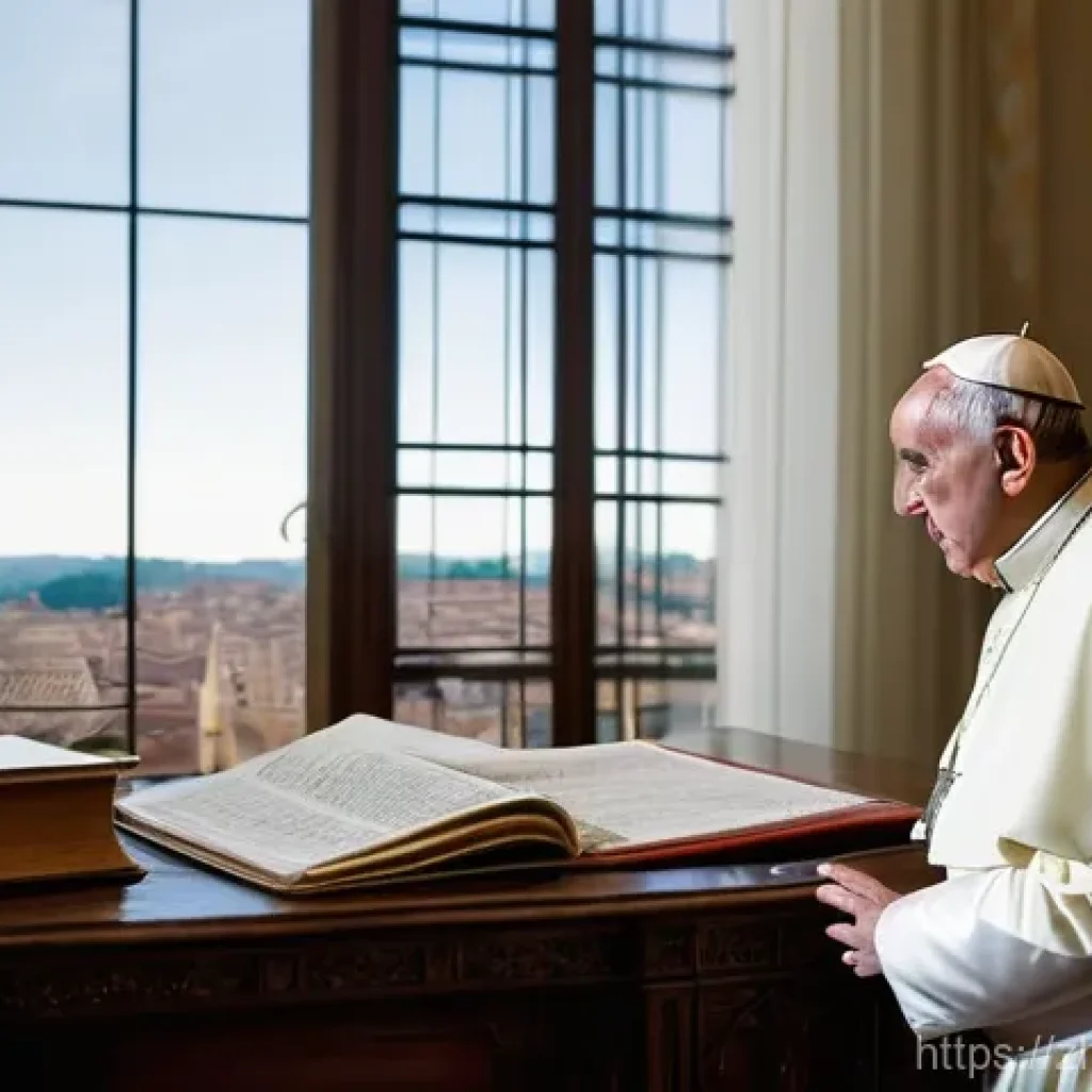바티칸 시국의 금융 시스템 - **Prompt:** A dignified and wise Pope, resembling Pope Francis, stands in a classic Vatican office f...