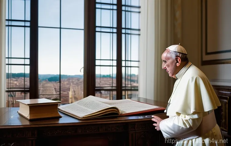바티칸 시국의 금융 시스템 - **Prompt:** A dignified and wise Pope, resembling Pope Francis, stands in a classic Vatican office f...