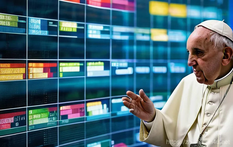 바티칸 시국의 금융 시스템 - **Prompt:** A brightly lit, modern financial office within the Vatican, where a diverse group of pro...