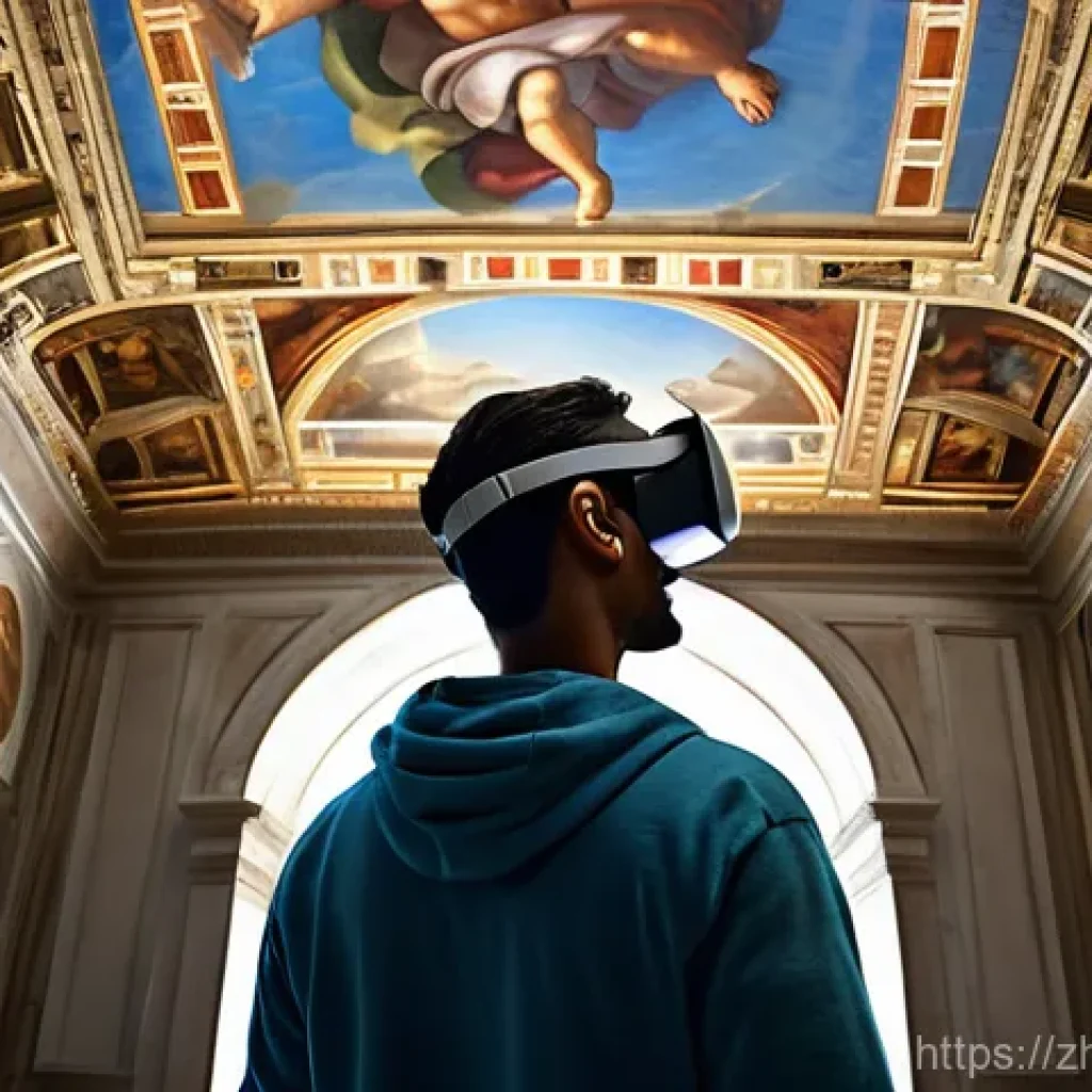 바티칸 시국의 디지털 전환 - **Immersive Virtual Vatican Pilgrimage:** A diverse young adult, wearing a sleek, modern VR headset ...