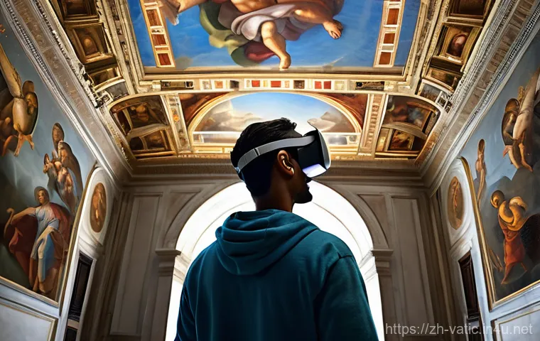 바티칸 시국의 디지털 전환 - **Immersive Virtual Vatican Pilgrimage:** A diverse young adult, wearing a sleek, modern VR headset ...