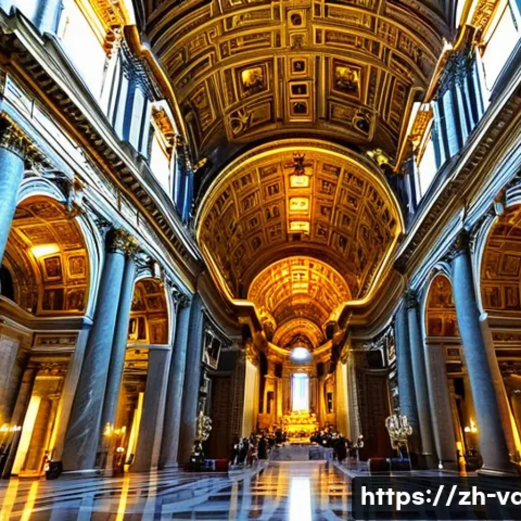 바티칸 시국과 다빈치 코드 - A majestic interior view of St. Peter’s Basilica in Vatican City during daylight, showcasing the gra...