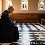 바티칸 시국의 사제 생활 - A solemn Catholic priest in a simple, modest chapel room during early morning prayer and meditation....