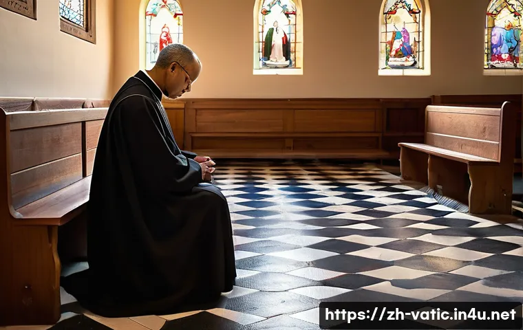 바티칸 시국의 사제 생활 - A solemn Catholic priest in a simple, modest chapel room during early morning prayer and meditation....