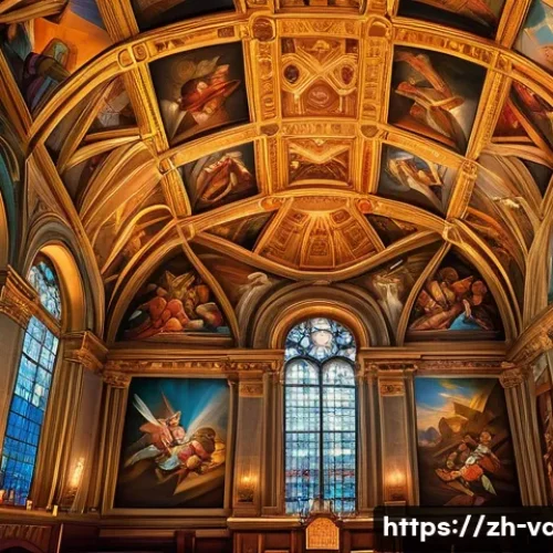 바티칸 시국의 천장화 및 성화 - A grand fresco painting inspired by Michelangelo&rsquo;s Sistine Chapel ceiling, showcasing dynamic human ...