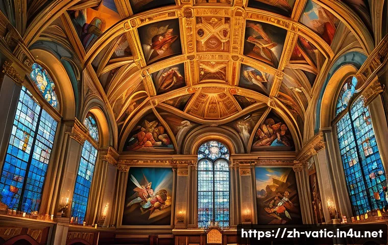 바티칸 시국의 천장화 및 성화 - A grand fresco painting inspired by Michelangelo&rsquo;s Sistine Chapel ceiling, showcasing dynamic human ...