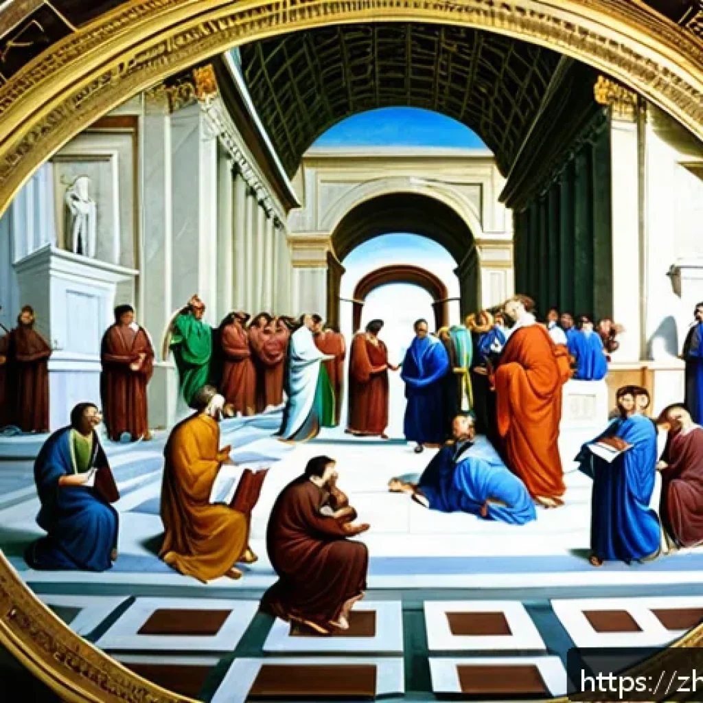 라파엘로와 바티칸 시국 - A detailed fresco-style painting inspired by Raphael’s "The School of Athens," depicting a harmoniou...