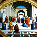 라파엘로와 바티칸 시국 - A detailed fresco-style painting inspired by Raphael&rsquo;s "The School of Athens," depicting a harmoniou...