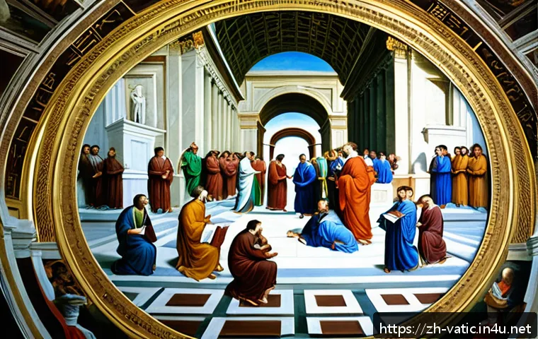 라파엘로와 바티칸 시국 - A detailed fresco-style painting inspired by Raphael&rsquo;s "The School of Athens," depicting a harmoniou...