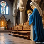 바티칸 시국과 마리아 숭배 - A serene medieval cathedral interior bathed in soft, golden light, featuring a large, detailed Byzan...