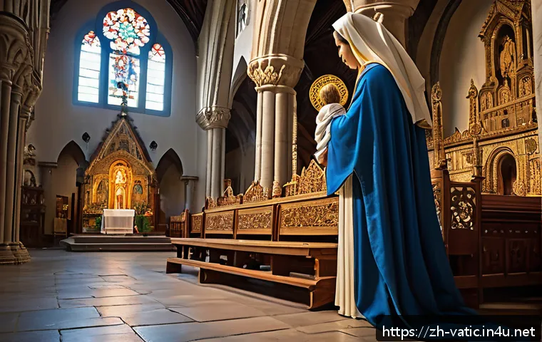 바티칸 시국과 마리아 숭배 - A serene medieval cathedral interior bathed in soft, golden light, featuring a large, detailed Byzan...
