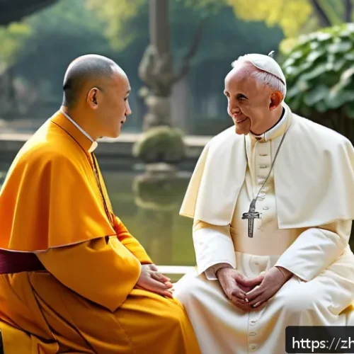 바티칸 시국과 불교 관계 - A harmonious scene depicting a peaceful interfaith dialogue between a Catholic Pope and a Buddhist m...