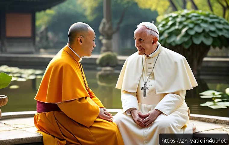 바티칸 시국과 불교 관계 - A harmonious scene depicting a peaceful interfaith dialogue between a Catholic Pope and a Buddhist m...