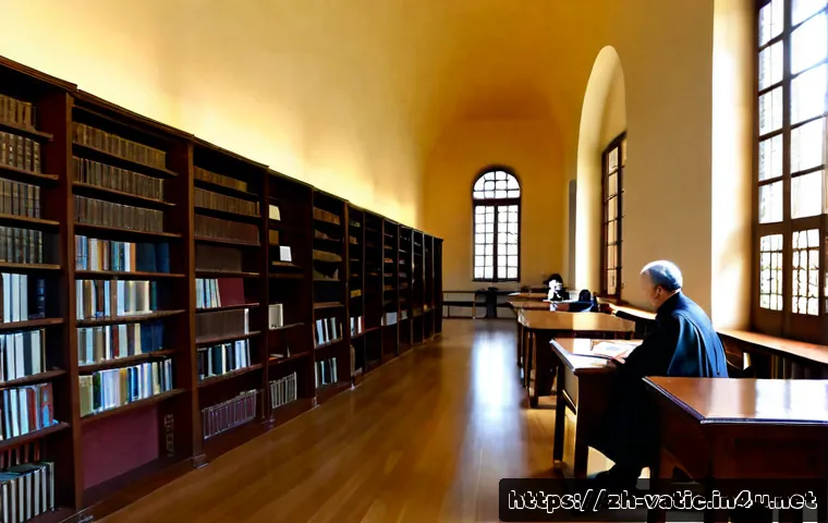 바티칸 시국 내 교육 기관 - Photorealistic interior of a quiet Vatican academic library, elderly scholar and young university st...