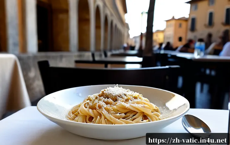 바티칸 시국에서 먹을 수 있는 음식 - Photorealistic Italian lunch near Vatican City, a sunlit outdoor café table with a plate of creamy c...