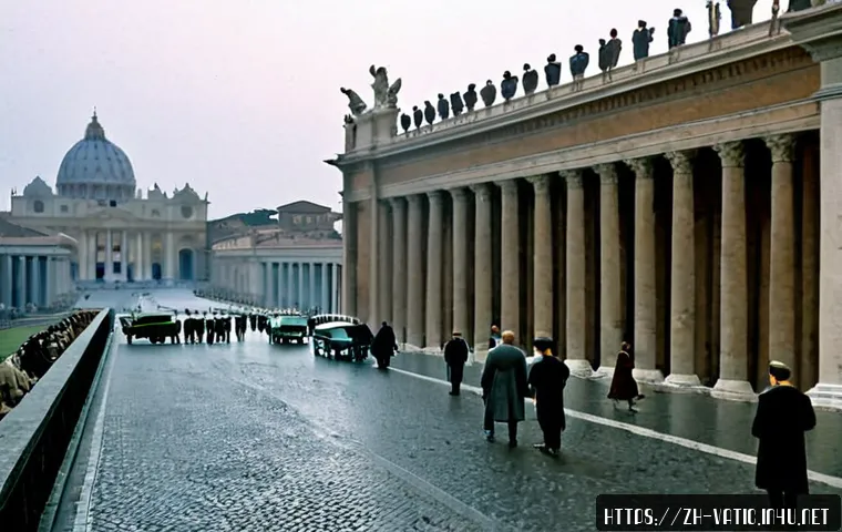 바티칸 시국과 냉전 - Photorealistic dawn view of Vatican City during the Cold War era, St. Peter’s Basilica and the surro...