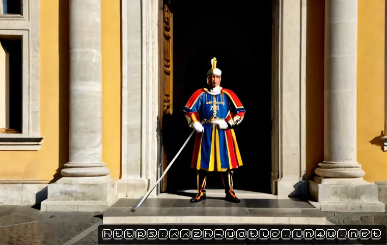 바티칸 시국 스위스 근위대 역할 - Photorealistic Swiss Guard standing watch at a grand Vatican palace entrance, colorful Renaissance-s...